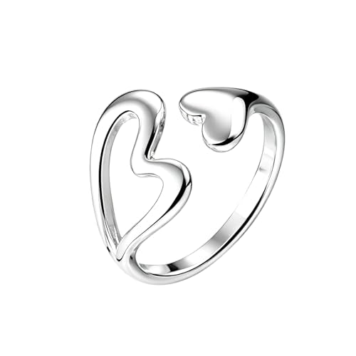 Silver Open Adjustable Stacking Rings for Women, Minimalist Wrap Band Set, Geometric/Heart/Wave/Leaf/Spiral Styles, Hypoallergenic, Gift Box Included, Thumb Ring Option - color: Hollow Heart Cutout