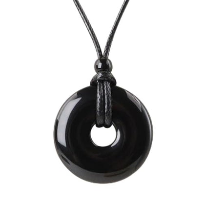 FANASY Natural Gemstone Pendant Necklce Lucky Coin Crystal Necklace Protection Donut Pendnat with Adjustable Rope for Men Women - color: Black obsidian