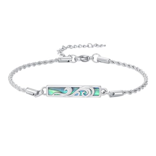 Waves/Tree of Life/Mushrooms/Moon Phase/Butterfly/Hummingbird Bracelet/Anklet 925 Sterling Silver Adjustable Abalone Shell Bar Bracelet/Anklet Summer Jewelry Gifts for Women - color: Waves-Abalone, size: Bracele 7"+2"