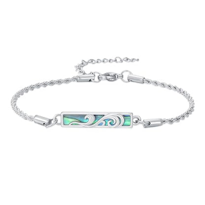 Waves/Tree of Life/Mushrooms/Moon Phase/Butterfly/Hummingbird Bracelet/Anklet 925 Sterling Silver Adjustable Abalone Shell Bar Bracelet/Anklet Summer Jewelry Gifts for Women - color: Waves-Abalone, size: Bracele 7"+2"