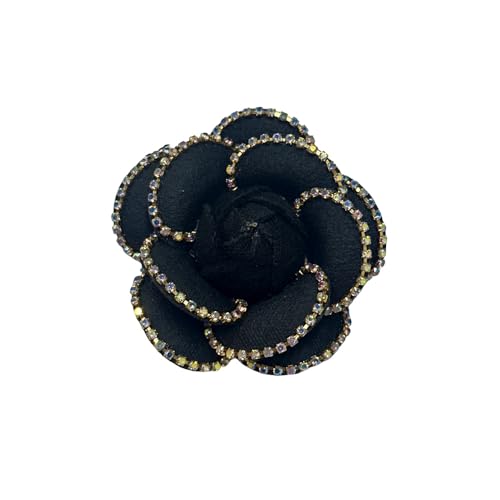 Dainty Crystal Camellia Flower Brooch Pin for Women Rhinestone Fabric 3D Floral Blossom Brooches Lapel Hair Pins Elegant Wedding Anniversary Dress Accessories Jewelry Gift 6.5cm/2.5in - color: Black