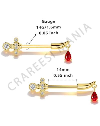 Sword Nipple Rings 316L Stainless Steel Dangle Nipple Piercing Jewelry 14G Dagger Nipple Barbells 14mm Nipple Piercing Rings - color: Gold