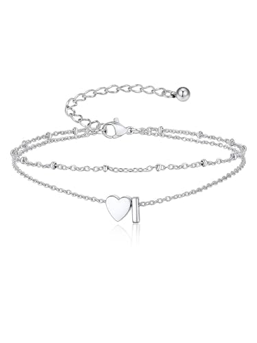 Suplight Initial Ankle Bracelets for Women 14K Gold Plate Waterproof No Tarnish Anklets Layered Heart Letter Anklet Adjustable Plus Size Foot Chain Summer Beach Boho Jewelry Silver Black 8.5-10 Inch - color: Silver, style: 9.I