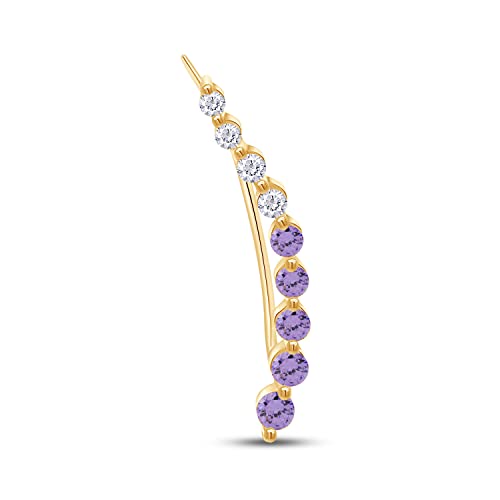 Floating Curved Bar One Piece Left Ear Crawler Earrings With Birthstone | White CZ In 14K Yellow Gold Over Sterling Silver - color: Simulated Alexandrite