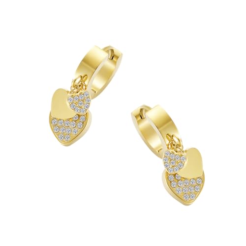 Women's Huggie Hoop Earrings with Small Cute Charm - style: Gold Two Hearts CZ