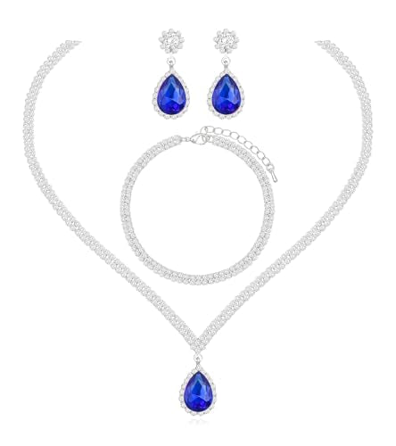 Elegant Silver Crystal Wedding Necklace Earrings Bracelet Jewelry Set for Women Brides Bridesmaids Prom Party Costume Accessory Bridal Jewelry - color: silver-royal blue
