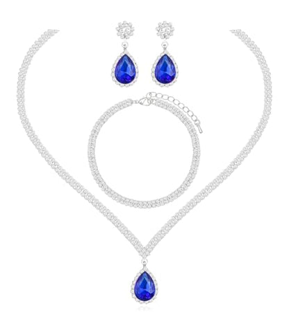 Elegant Silver Crystal Wedding Necklace Earrings Bracelet Jewelry Set for Women Brides Bridesmaids Prom Party Costume Accessory Bridal Jewelry - color: silver-royal blue