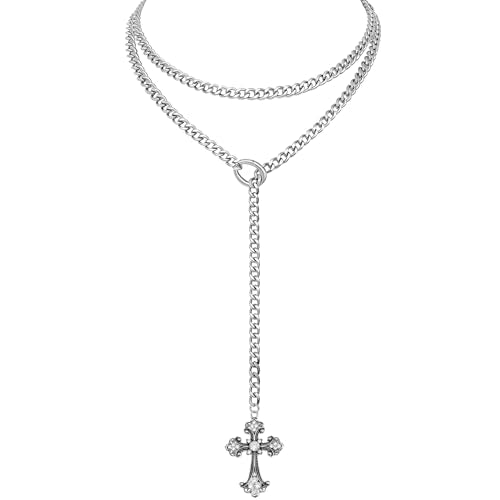 Double Layered Slip Chain Necklace with Vintage Rhinestones Cross Pendant, Adjustable Punk Gothic Baroque Lariat Cuban Y-Necklaces - color: Sliver Chains & Sliver Stones