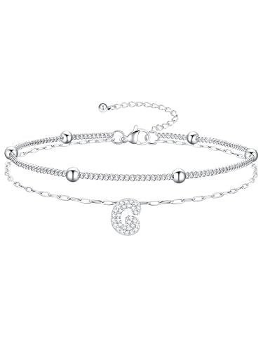 Richsteel Initial Ankle Bracelets for Women Waterproof, 14K Gold Plated/Silver Stainless Steel Anklets, Dainty Adjustable Layered Anklets with Bubble Letter, Non Tarnish Summer Beach Jewelry with Gift Box - color: H-Silver