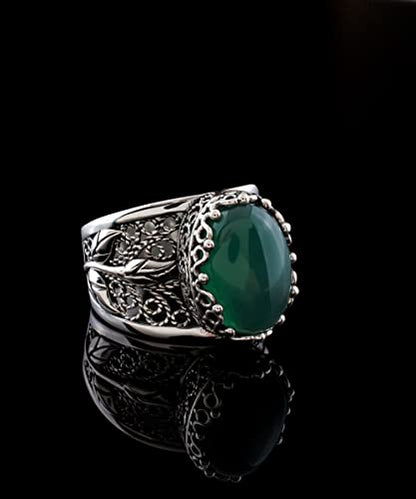 Filigranist 925 Sterling Silver Filigree Art Lace Embroidery Tulip Detailed Gemstone Women Cocktail Ring, Luxurious Gift Boxed - color: Green Agate