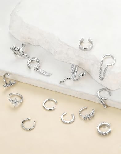 16 Pcs Ear Cuff Earrings for Women Non Piercing Gold Silver Plated Ear Cuffs Non Pierced Snake Leaf CZ Star Feather Waterdrop Chain Ears Cuff Wrap Earring Clip on Cartilage Helix Fake Earrings Lightweight Adjustable - color: Silver