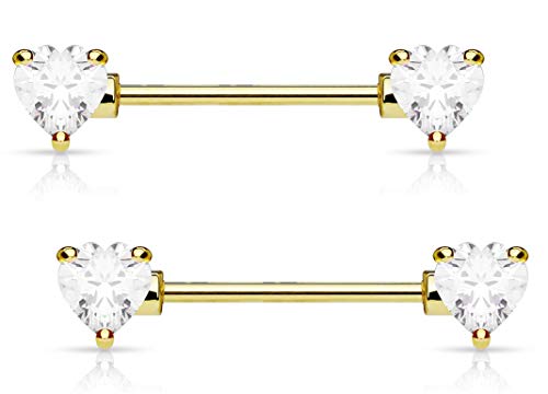 Forbidden Body Jewelry Pair of Surgical Steel 1/2-5/8 Inch (12-16mm) Cubic Zirconia Crystal Double Heart Nipple Barbells - style: Clear (Gold Tone)