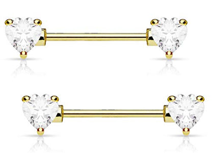 Forbidden Body Jewelry Pair of Surgical Steel 1/2-5/8 Inch (12-16mm) Cubic Zirconia Crystal Double Heart Nipple Barbells - style: Clear (Gold Tone)