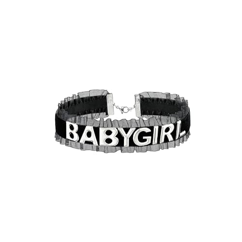 Women's Black Velvet Lace Letter Choker Collar for Halloween, 15-inch | Made of Velvet Lace Ribbon and Silver Letter Charms, Lobster-claw Closure, Daily Gothic Style, Avoid Water & Perfume - color: BABY