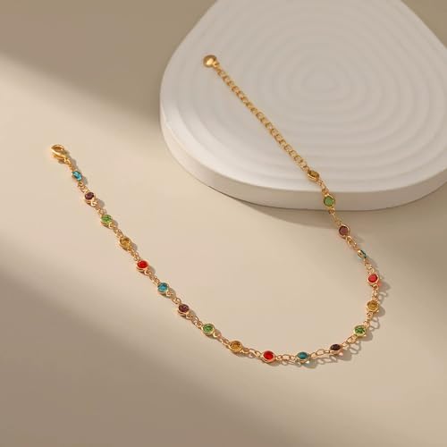 Ankle Bracelets for Women 18K Gold Plated Anklet for Women Gold Charm Anklet Waterproof Summer Beach Foot Chain Jewelry Gifts - style: round colorful cubic zirconia