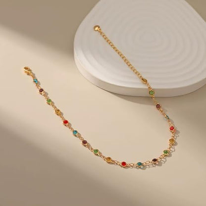 Ankle Bracelets for Women 18K Gold Plated Anklet for Women Gold Charm Anklet Waterproof Summer Beach Foot Chain Jewelry Gifts - style: round colorful cubic zirconia