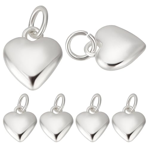 Beebeecraft 10Pcs 925 Sterling Silver Plated Brass Small Heart Charms 3D Love Shaped Dangle Pendant Charms for Necklace Bracelet Jewelry Making（10x9x3.5mm） - color: Silver