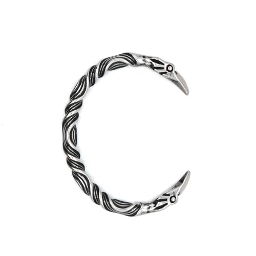 Raven Torc Bracelet for Men Norse Viking Raven Bangle Adjustable Stainless Steel Twisted Viking Jewelry - color: Silver