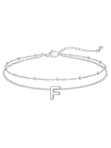 FaithHeart Initial Ankle Bracelets for Women, Waterproof 14k Gold Plated Initial Anklets Non Tarnish Stainless Steel Cute Layered Anklet Summer Beach Jewelry - color: Silver, size: Initial F
