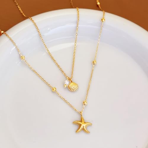 Gold Ankle Bracelets for Women Waterproof Shell Starfish Pearl Anklets Dainty Beach Anklet Adjustable Link Chain Cute Stainless Steel Anklets Summer Beach Jewelry