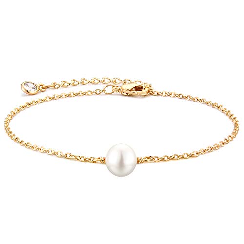 MEVECCO Dainty Chain Bracelets for Women, Layered and Charm Styles | 14K Gold Plated Brass, Select Cubic Zirconia Accents, Single and Multi-Row Structures for Refined Everyday Wristwear - style: Pearl