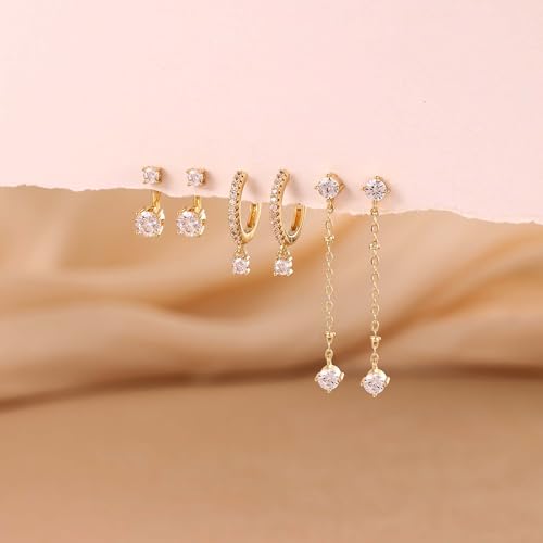 Freekiss 3 Pairs Hoop Earrings Set - Dainty Stud Dangle Cartilage for Women | Hypoallergenic Earrings, Cubic Zirconia Stackable Trendy Small Set Jewelry Gifts for Women - style: 3 CZ Long Stud-GD