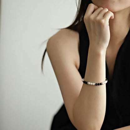 Natural White Pearl Black Obsidian 6mm Bead Adjustable Vintage Bracelet Jewelry Gift for Women