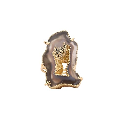 Ring Geode Druzy Slice Unique And Stylish Statement Gold Plated Jewelry Natural Gemstone Stone size 25-35 mm Approximately Adjustable Shank US Scale Size 6-9 - color: Gray, 3