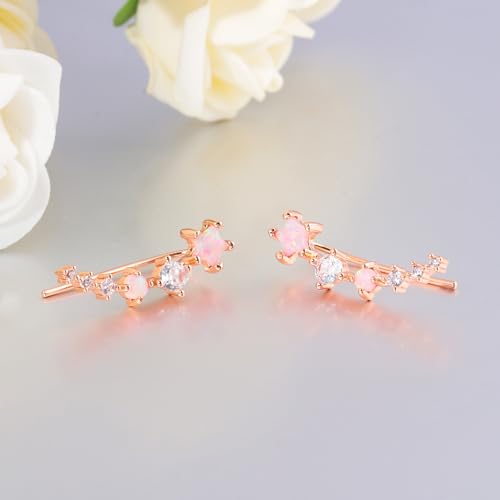 CiNily Star Opal Ear Cuffs Climber Earrings, 14K Gold CZ Ear Crawler Earrings for Women Small Cartilage Stud Earrings Fashion Hypoallergenic Jewelry Christmas Day Gifts, White Gold, Rose Gold - color: Rose Gold-Pink Opal, size: Star Opal