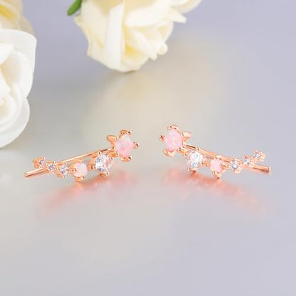 CiNily Star Opal Ear Cuffs Climber Earrings, 14K Gold CZ Ear Crawler Earrings for Women Small Cartilage Stud Earrings Fashion Hypoallergenic Jewelry Christmas Day Gifts, White Gold, Rose Gold - color: Rose Gold-Pink Opal, size: Star Opal