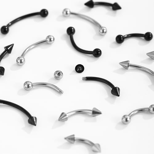 16PCS Eyebrow Piercing Jewelry, 16PCS Replacement Balls and Spike, Curved Barbell Piercing Jewelry, Vertical Labret Lip Jewelry, Rook Piercing for Women Men