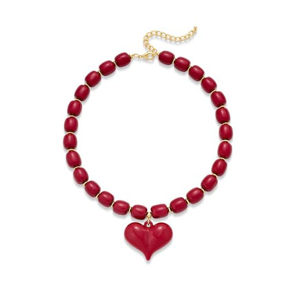 YUJIE Chunky Heart Pendant Necklace for Women- Exaggerated Statement Puff Heart Necklace with Acrylic Beaded Chain - color: burgundy