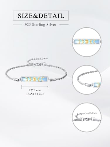 Waves/Tree of Life/Mushrooms/Moon Phase/Butterfly/Hummingbird Bracelet/Anklet 925 Sterling Silver Adjustable Abalone Shell Bar Bracelet/Anklet Summer Jewelry Gifts for Women - color: Moon Phase-Moonstone, size: Bracele 7"+2"