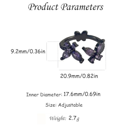 Gothic CZ Butterfly Open Band Rings for Women Silver Gold Plaed Black Butterflies Animals Crystal Statement Stacking Wrap Finger Ring Adjustable Comfort Fit Punk Halloween Party Jewelry