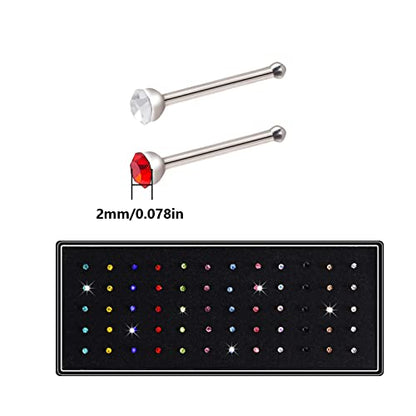 cnomg 2 Sets 120 pcs Stainless Steel Nose Ring Body Piercing Jewelry Nose Bone Stud Nose Hoop Crystal White+Multicolor - size: 2mm