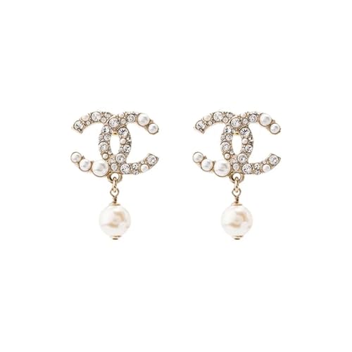 Gold Tone Curved Rhinestone Earrings with White Faux Pearl Drop Pendants for Women