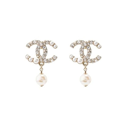 Gold Tone Curved Rhinestone Earrings with White Faux Pearl Drop Pendants for Women