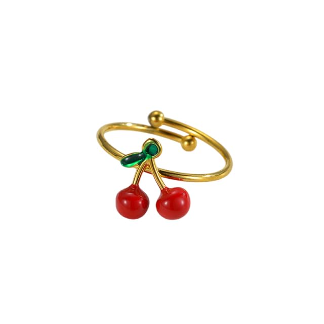Cute Cherry Red Enamel Statement Ring for Women Summer Fruit Food Green Leaves Stainless Steel Finger Rings Stackable Sweet Adjustable Open Wrap Band Comfort Fit Fashion Jewelry for Girlfriend Sisters