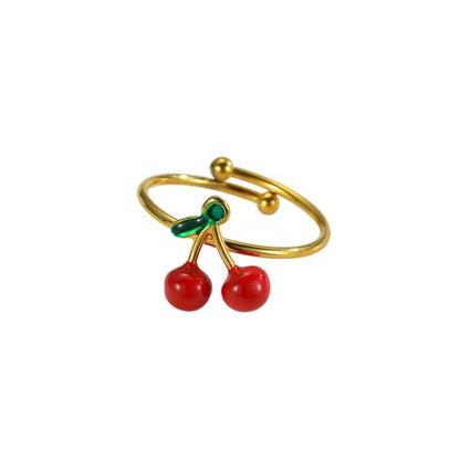 Cute Cherry Red Enamel Statement Ring for Women Summer Fruit Food Green Leaves Stainless Steel Finger Rings Stackable Sweet Adjustable Open Wrap Band Comfort Fit Fashion Jewelry for Girlfriend Sisters