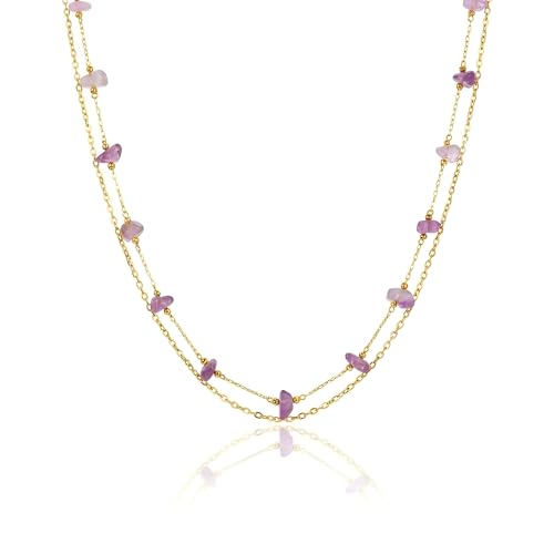 Harlermoon Natural Stone Layered Necklace for Women - 18K Gold Plated Stainless Steel Dainty Beaded Choker, Waterproof Tarnish Resistant Boho Summer Beach Jewelry Gift Box - color: Purple