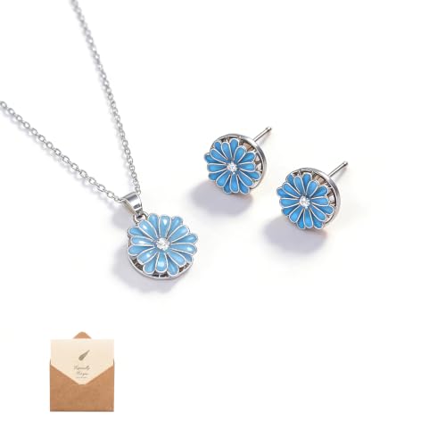Rotating Sunflower Necklace & Earrings Jewelry Set for women| Gold coating Titanium Alloy with Sparkling Cubic Zirconia| Jewelry box +Tote Bag +3D Card |Gift for Birthday, Anniversary or Mother's Day - color: SpinningDaisy