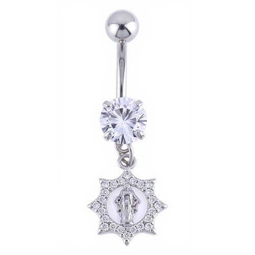 B BodyPJ Sparkles 14G Religious Belly Button Ring with Crystal Cross and Religious Charms, Stainless Steel - style: Type D,Silver