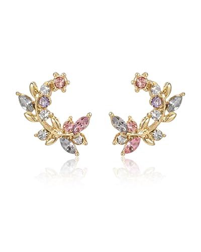 14K Gold Plated Leaf Earrings for Women, Colorful Marquise Cubic Zirconia Floral Studs, Hypoallergenic Botanical Ear Crawler Earrings for Spring