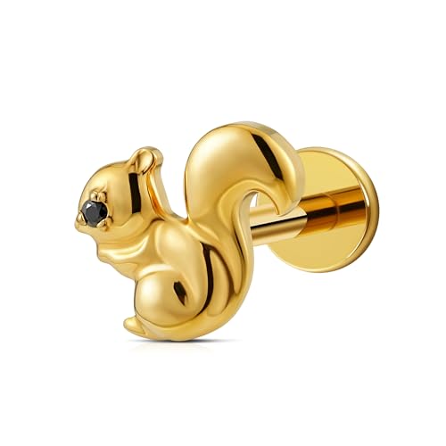 FINE4U Cartilage Christmas Piercing Jewelry 16G 6mm 8mm - ASTM F136 Titanium, Flat Back Labret Stud for Helix Flat Lobe, Elk Minimalist Earring, Squirrel Earrings - color: Squirrel - Gold