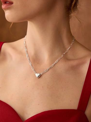 Robaice 14K Gold Plated Heart Pendant Necklace for Women | Simple non-tarnish heart jewelry for everyday wear, anniversaries, birthdays or meaningful gifting - color: Paperclip Chain, Silver