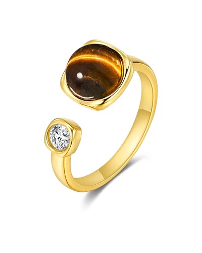 SNGIA 18K Gold Plated Adjustable Open Ring for Women Natural Stone CZ Statement Ring Tiger Eye Emerald Ruby Lapis Black Onyx Turquoise Evil Eye Boho Stackable Cocktail Ring Birthday Gift Jewelry - style: Tiger Eye