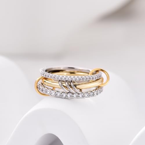 14K Gold Plated Interlocked Stackable Rings for Women Non Tarnish,Gold and Silver Cubic Zirconia Statement Rings Set,Mixed Metals Ring Two-Toned Connected Bands Stacking Jewelry - color: 2*silver rings & 1*gold ring