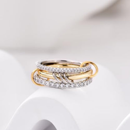 14K Gold Plated Interlocked Stackable Rings for Women Non Tarnish,Gold and Silver Cubic Zirconia Statement Rings Set,Mixed Metals Ring Two-Toned Connected Bands Stacking Jewelry - color: 2*silver rings & 1*gold ring