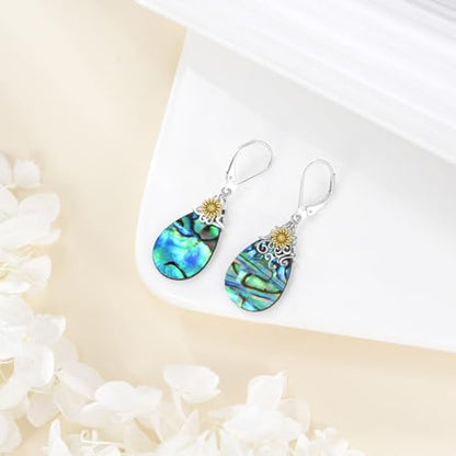 POPLYKE Dragonfly Butterfly Hummingbird Sunflower Earrings 925 Sterling Silver Abalone Shell Moonstone Leverback Earrings Jewelry - style: Sunflower