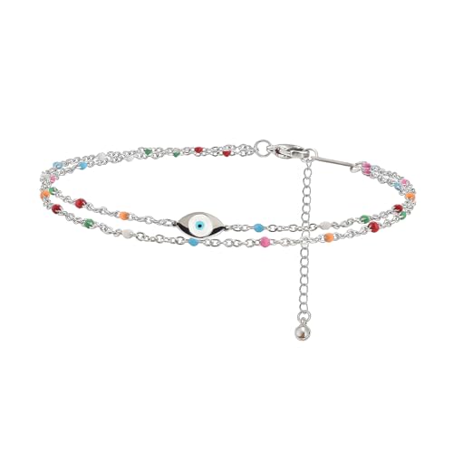 Colorful Beaded Anklet for Wome Beads Ankle Jewelry Waterproof Adjustable - color: Silver Evil Eye